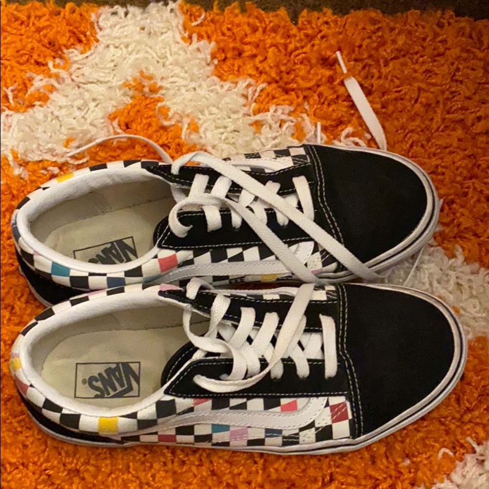 Black and rainbow checkered vans. Kids size 6